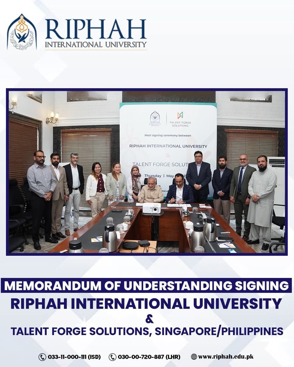 Representatives of Riphah International University and Talent Forge Solutions at the MoU signing ceremony